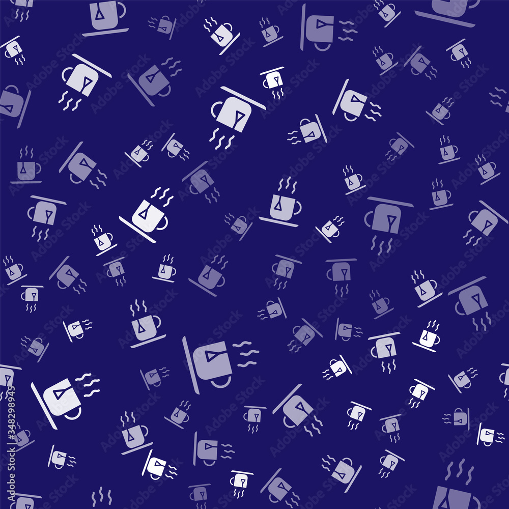 White Cup of tea with tea bag icon isolated seamless pattern on blue background. Vector