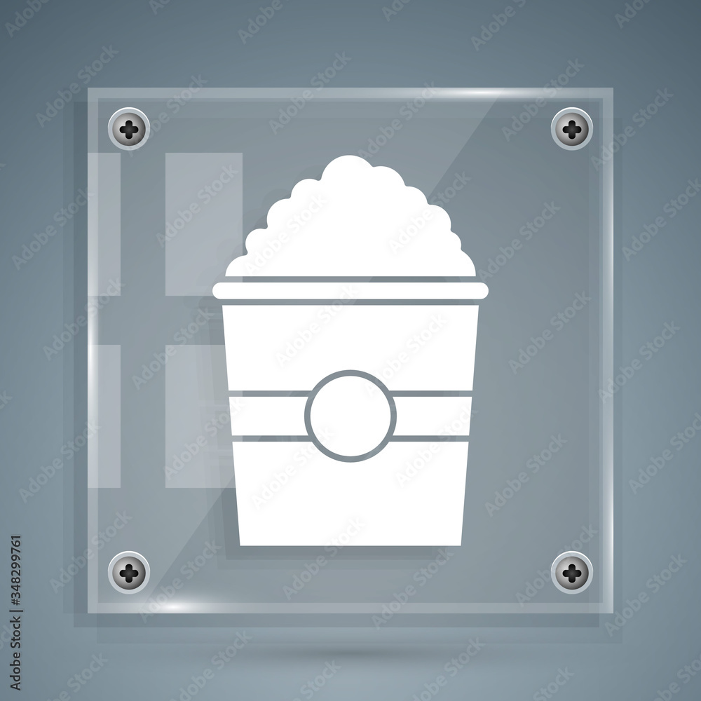 White Popcorn in cardboard box icon isolated on grey background. Popcorn bucket box. Square glass pa