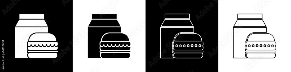 将在线订购和汉堡配送图标隔离在黑白背景上。矢量