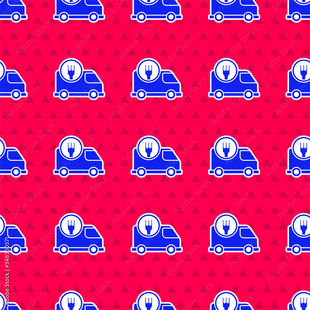 Blue Fast round the clock delivery by car icon isolated seamless pattern on red background. Vector