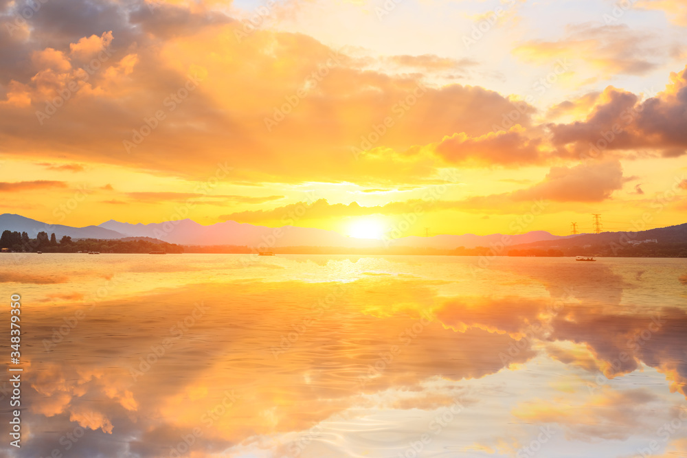 Lake and mountain natural landscape at sunset.