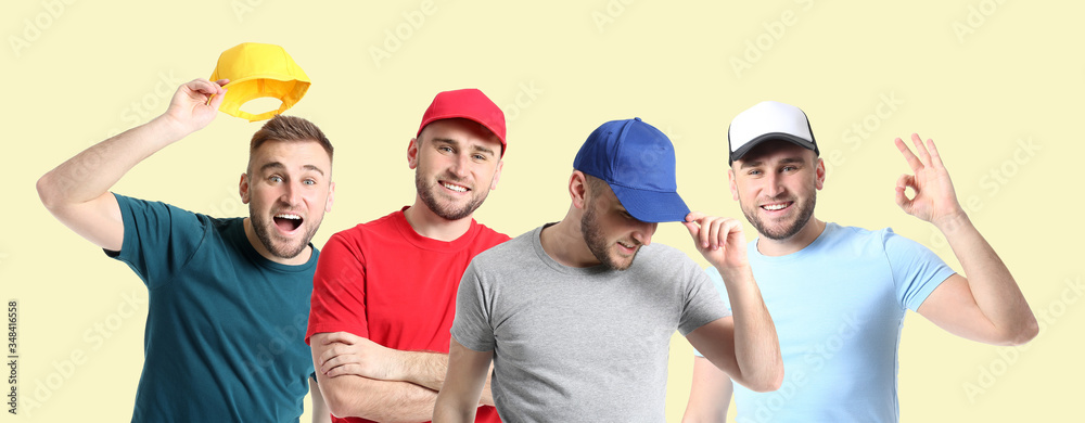 Set of young man in stylish cap on color background