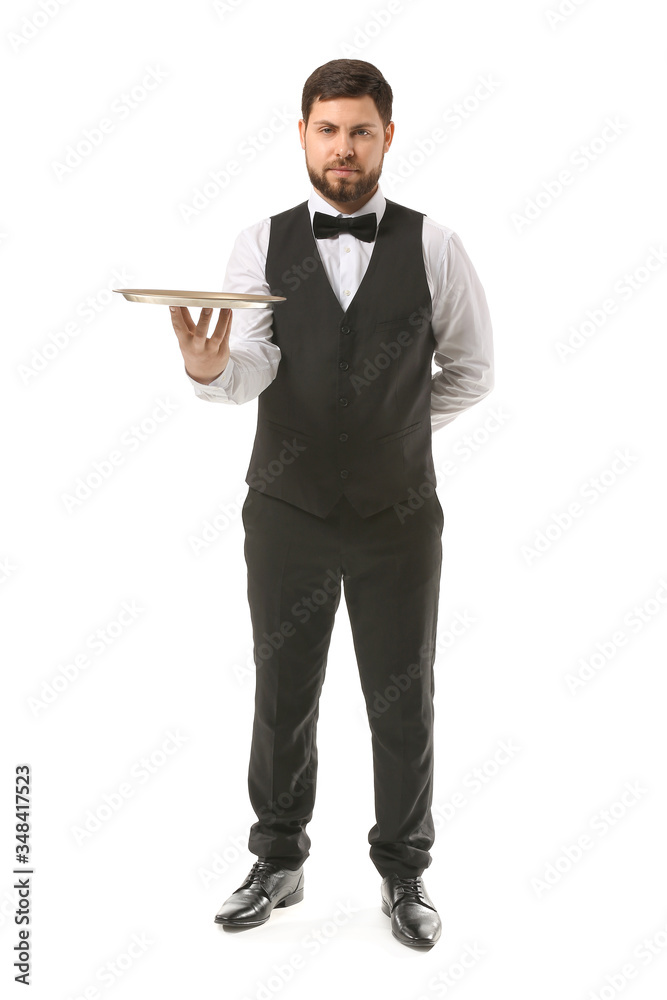 Handsome male waiter on white background