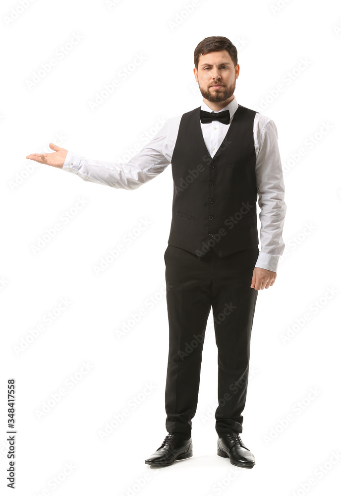 Handsome male waiter on white background