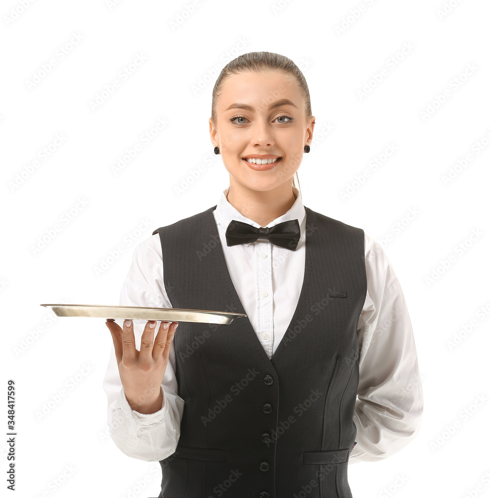 Beautiful female waiter with empty tray on white background