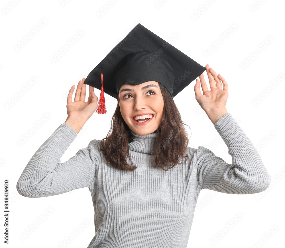 Female graduating student on white background