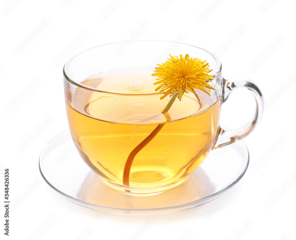 Cup of healthy dandelion tea on white background