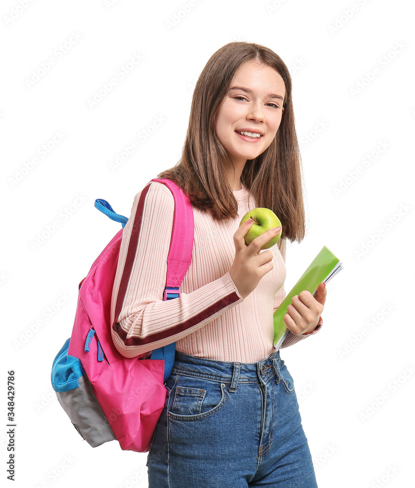 Pupil with apple on white background