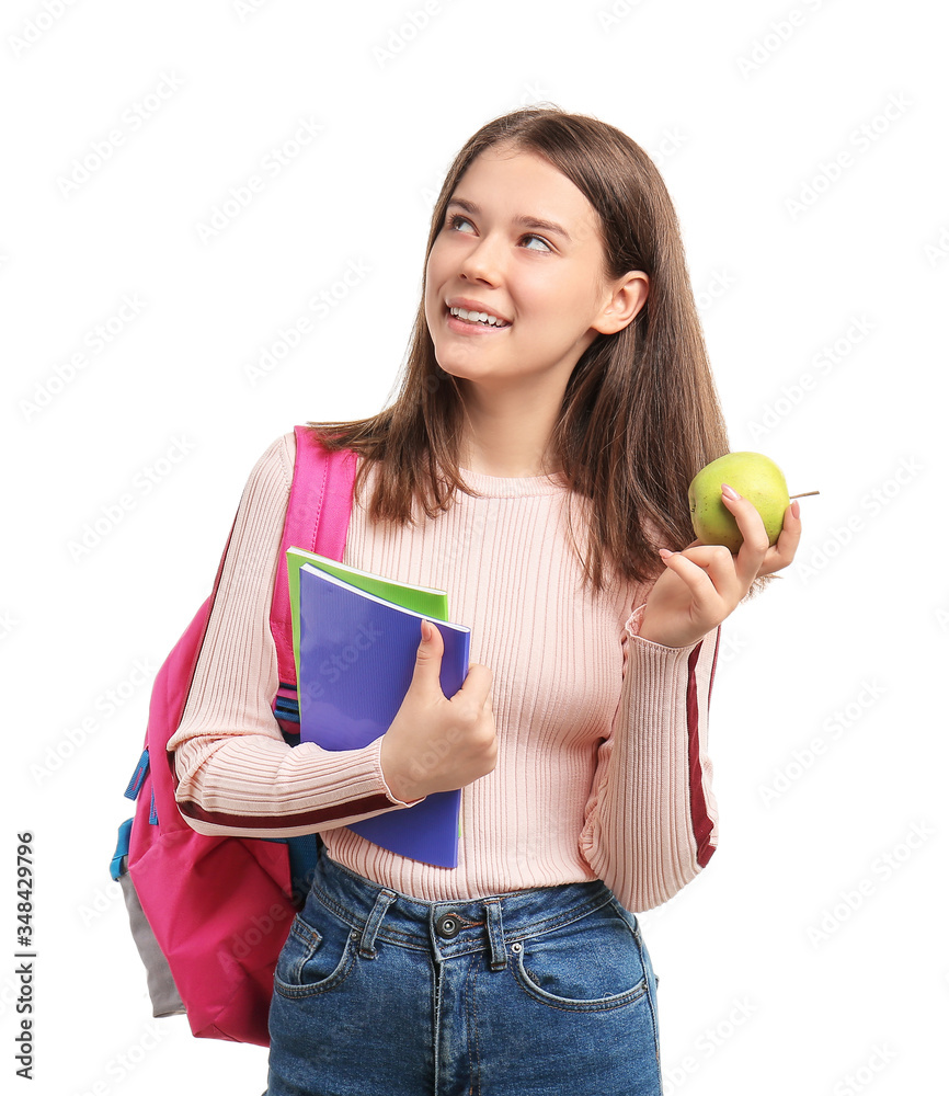 Pupil with apple on white background