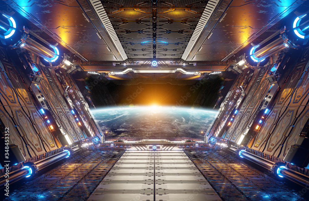 Orange and blue futuristic spaceship interior with window view on planet Earth 3d rendering