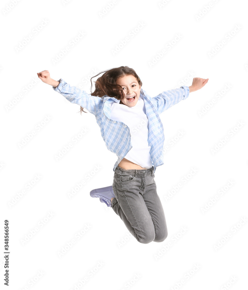 Cute jumping girl on white background