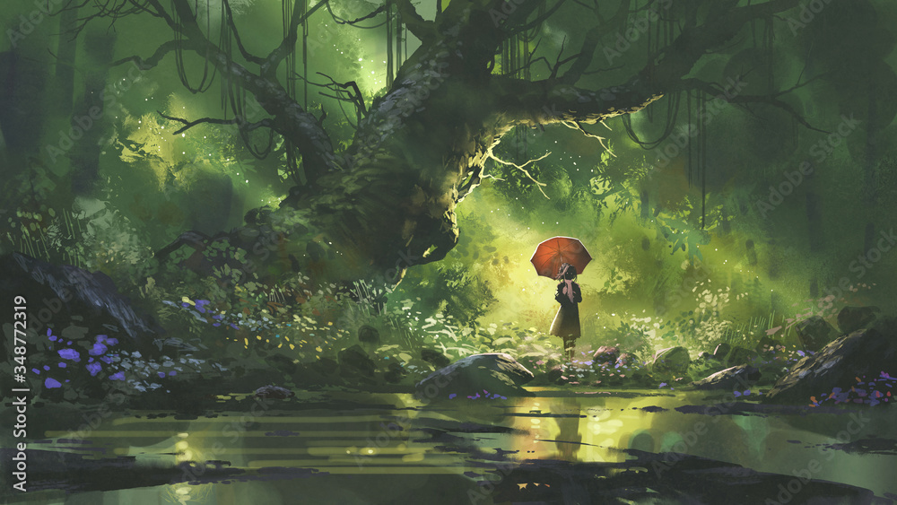 mysterious woman with umbrella standing in forest, digital art style, illustration painting