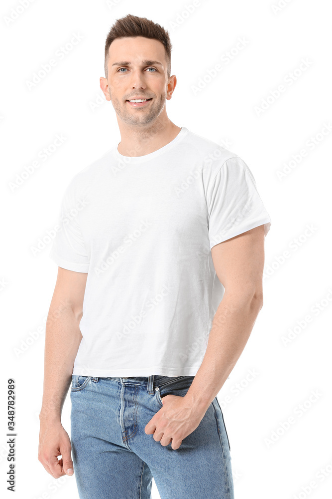 Man in stylish t-shirt on white background