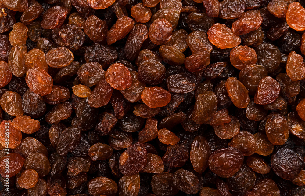 Raisins texture or background, top view close-up