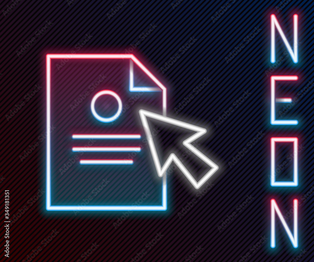 Glowing neon line Document and cursor icon isolated on black background. File icon. Checklist icon. 