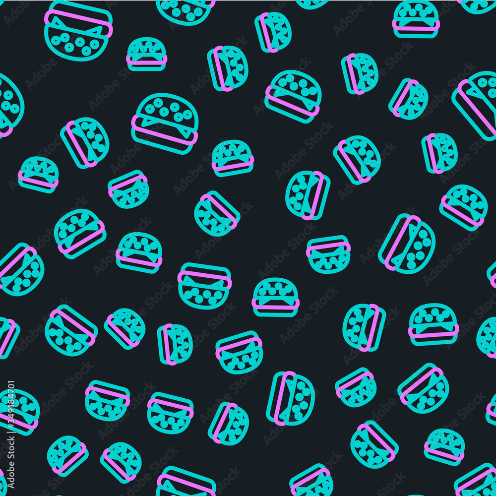 Line Burger icon isolated seamless pattern on black background. Hamburger icon. Cheeseburger sandwic