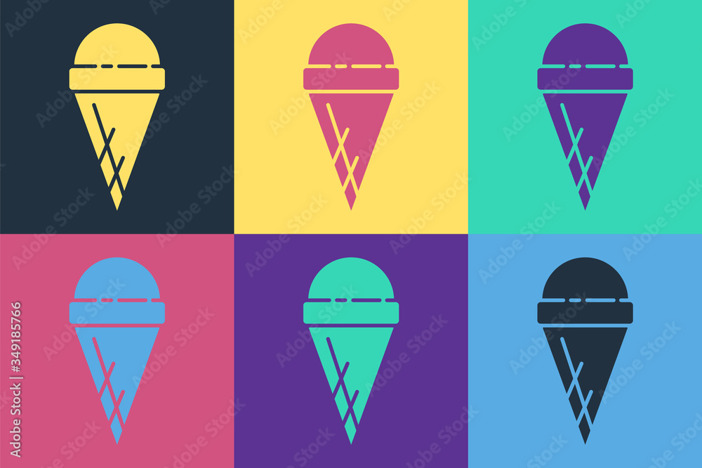 Pop art Ice cream in waffle cone icon isolated on color background. Sweet symbol. Vector