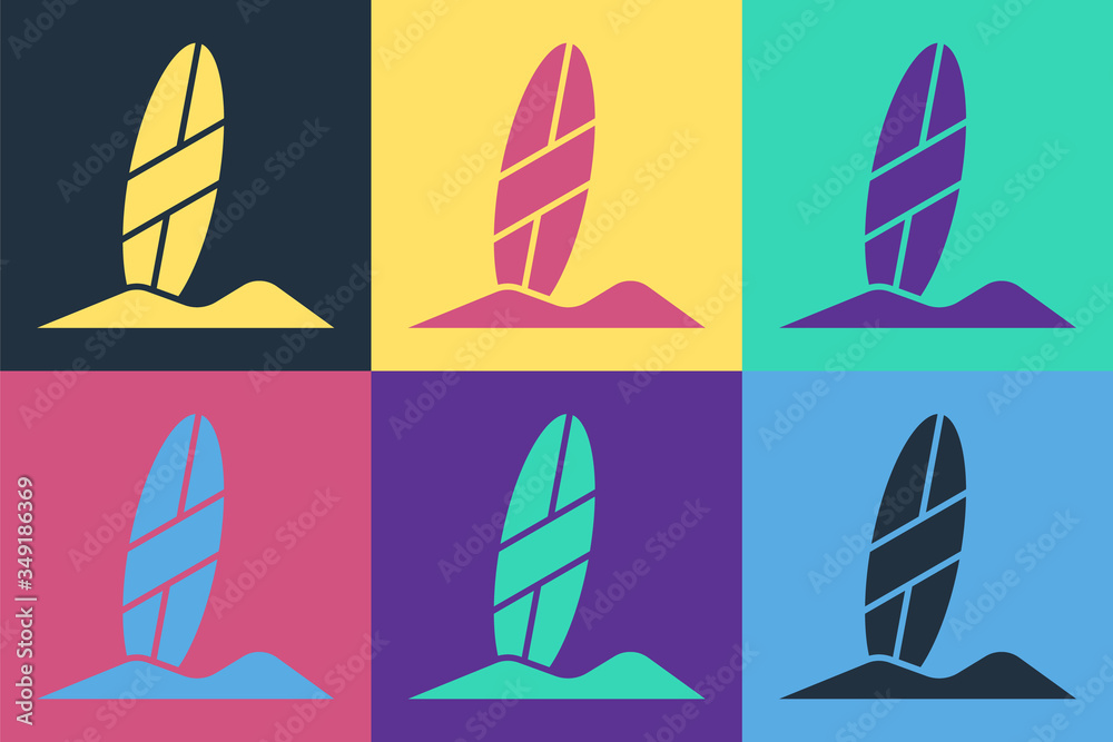 Pop art Surfboard icon isolated on color background. Surfing board. Extreme sport. Sport equipment. 