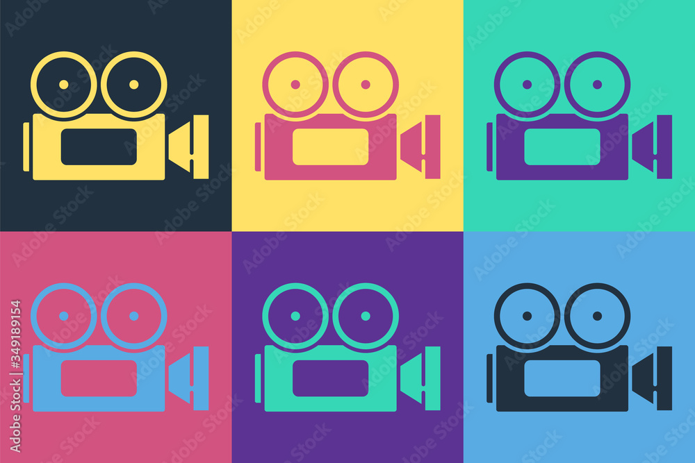 Pop art Cinema camera icon isolated on color background. Video camera. Movie sign. Film projector. V