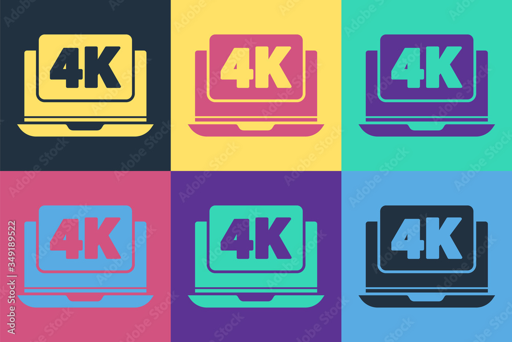 Pop art Laptop screen with 4k video technology icon isolated on color background. Vector