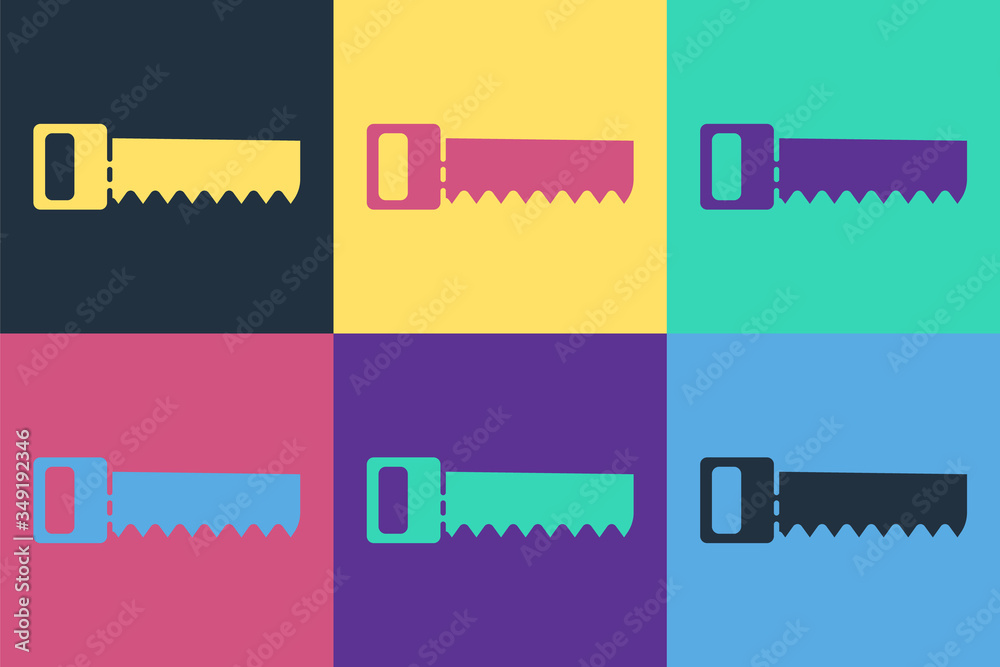 Pop art Hand saw icon isolated on color background. Vector