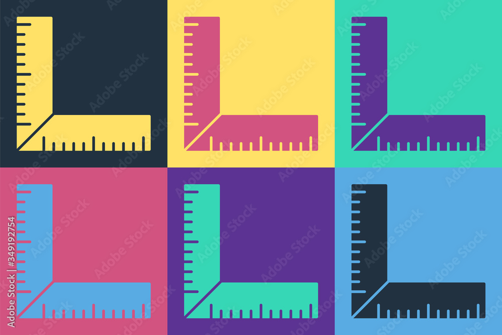 流行艺术角尺图标隔离在彩色背景上。Setsquare，角尺，木工，测量