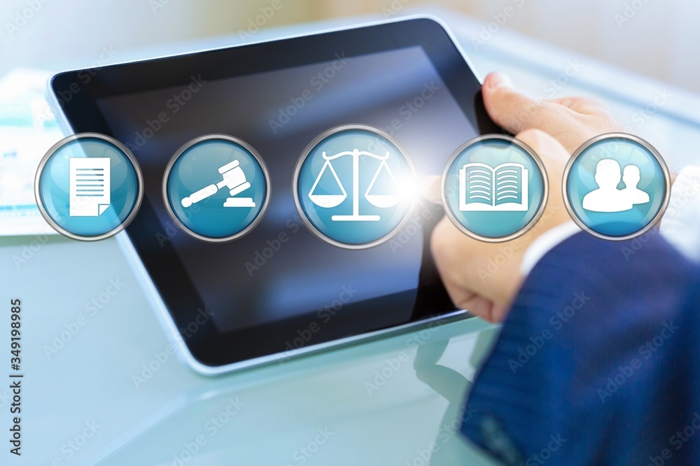 Law justice hand and digital tablet with advocates things illustration