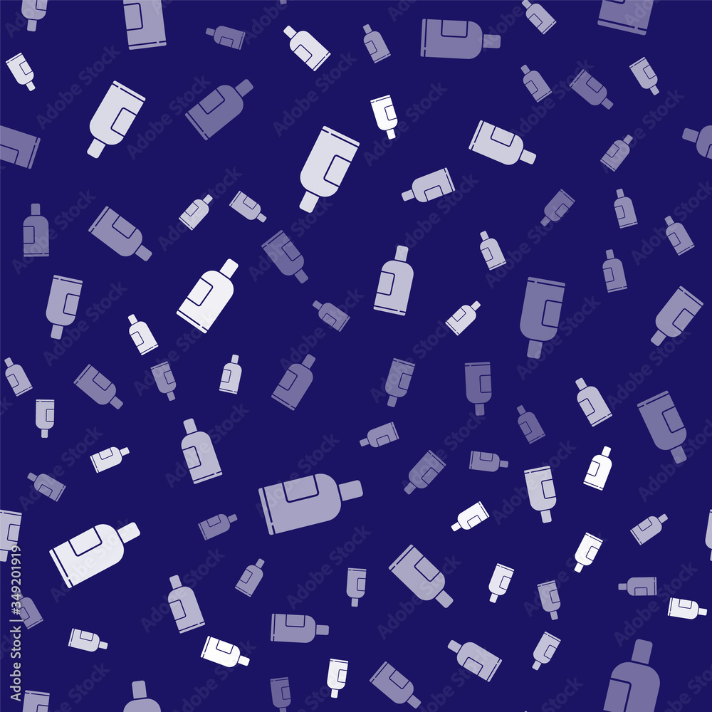 White Bottle of shampoo icon isolated seamless pattern on blue background. Vector