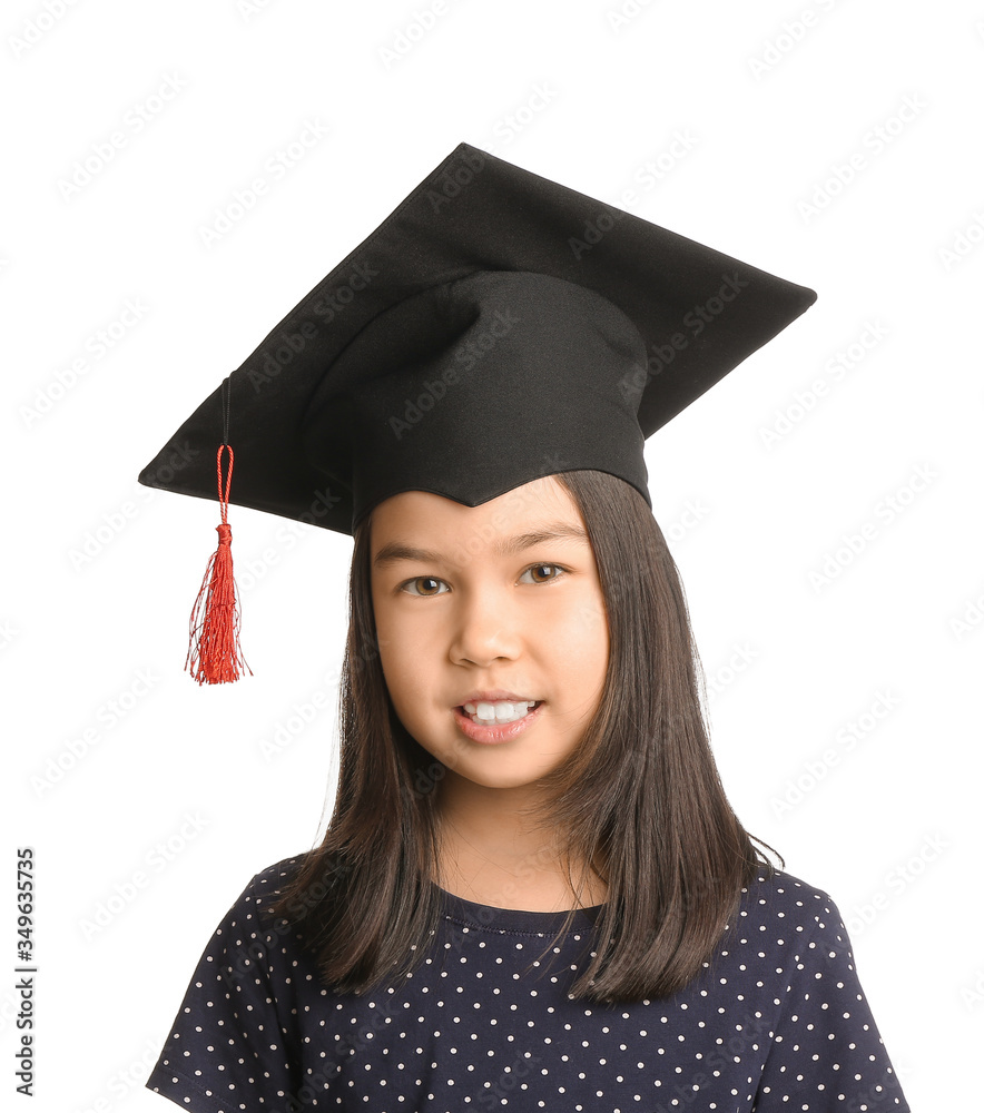 Little girl in graduation hat on white background