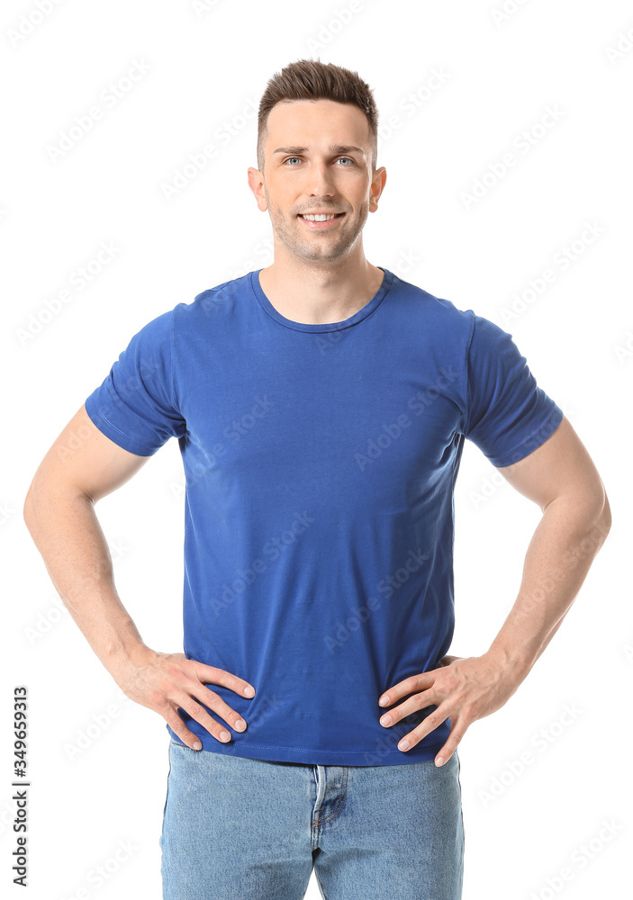 Man in stylish t-shirt on white background