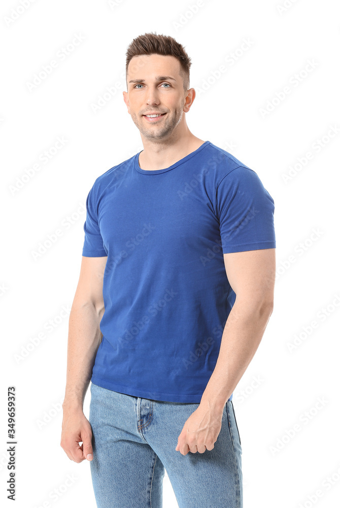 Man in stylish t-shirt on white background