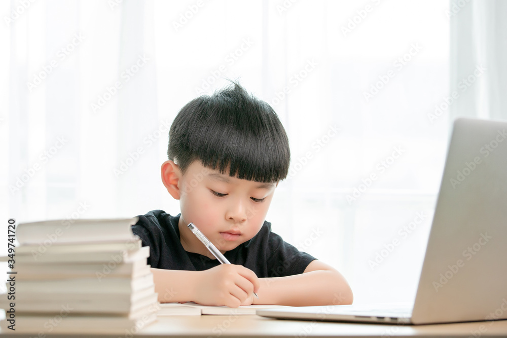 Asian little boy doing online class
