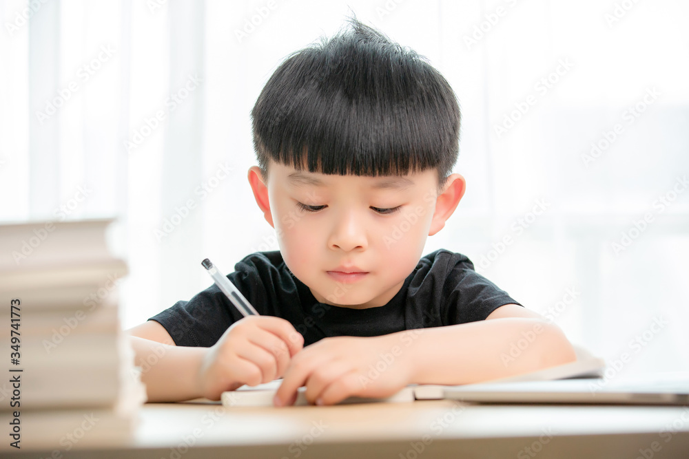 Asian little boy doing online class
