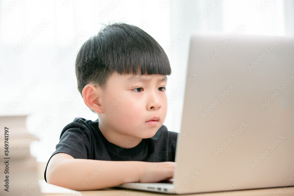 Asian little boy doing online class
