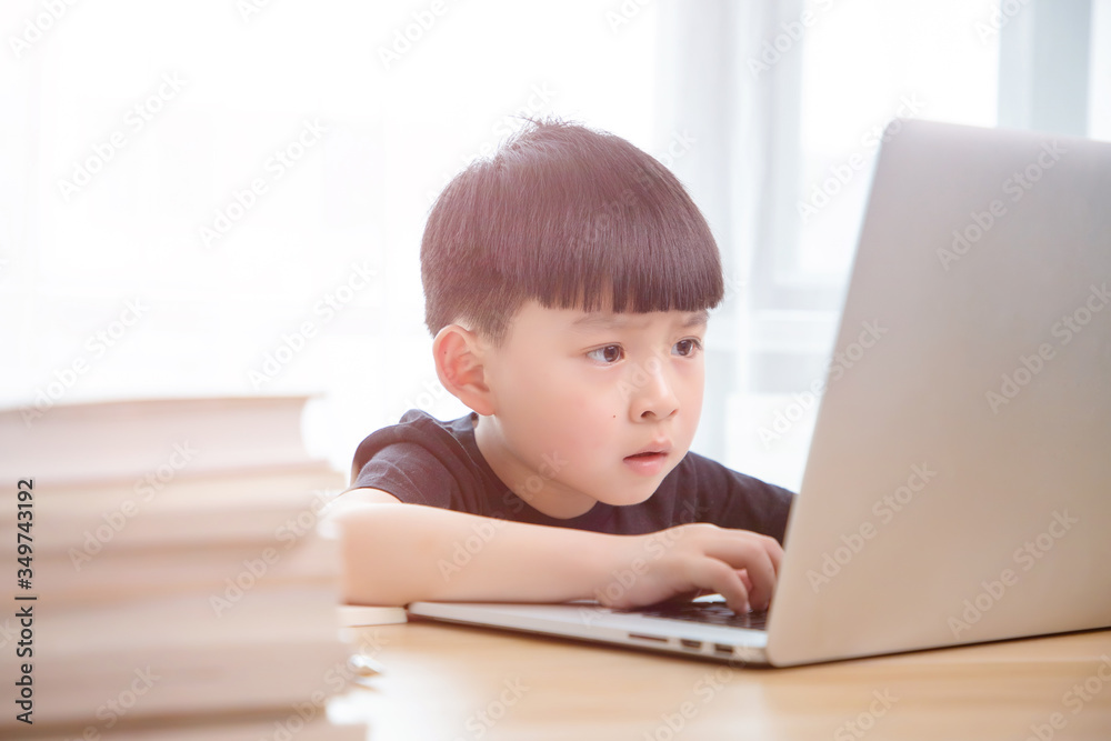 Asian little boy doing online class
