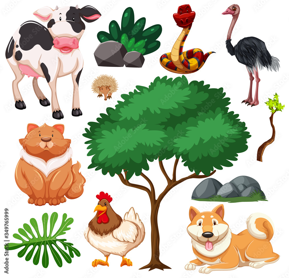 Set of cute animal farm and nature