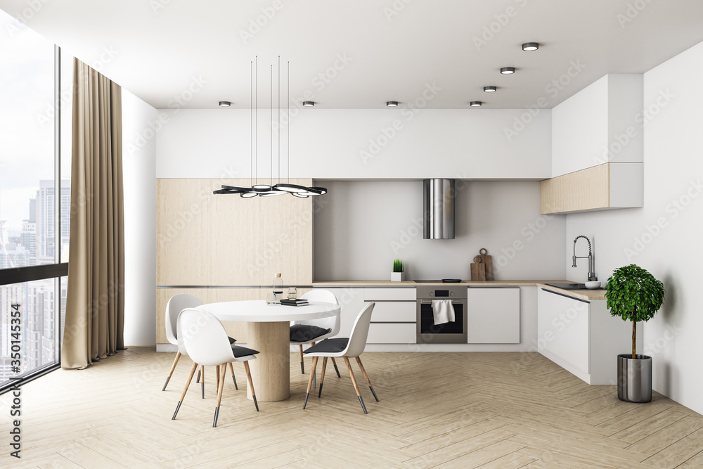 Bright modern kitchen interior with furniture