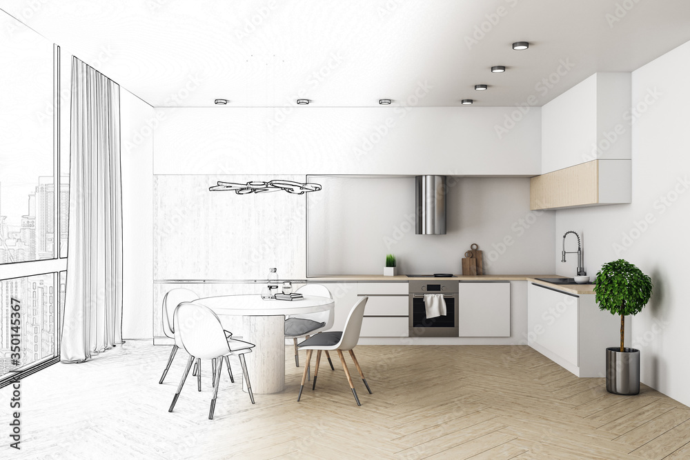 Drawing loft kitchen interior with furniture