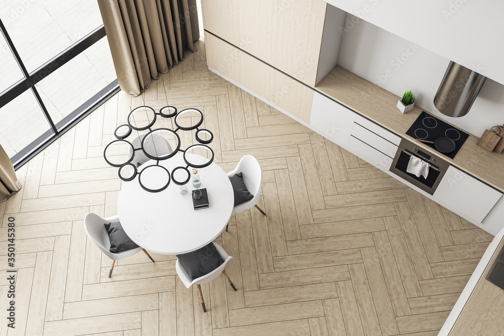 Top view of loft kitchen interior