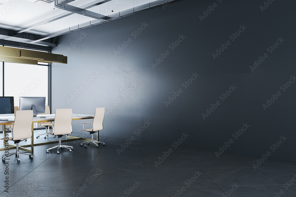 Minimalistic coworking office interior with empty gray wall