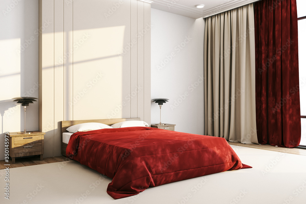 Modern bedroom interior with red cover