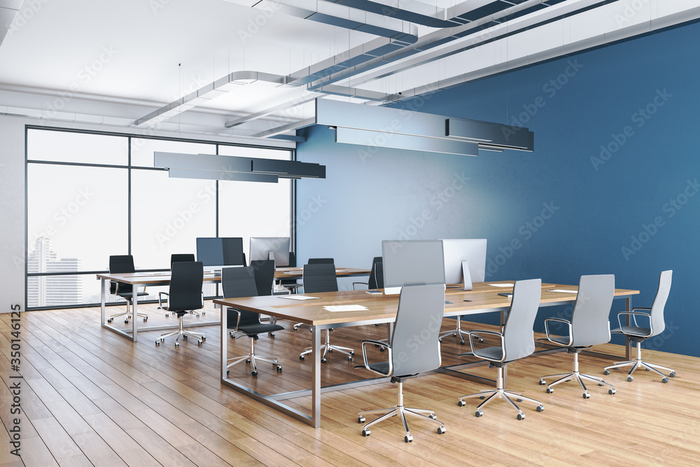 Contemporary pacious office interior with computers