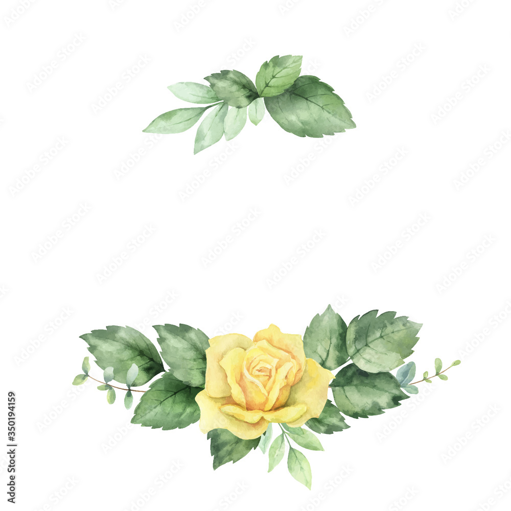 Watercolor vector hand painted wreath with green eucalyptus leaves and roses.