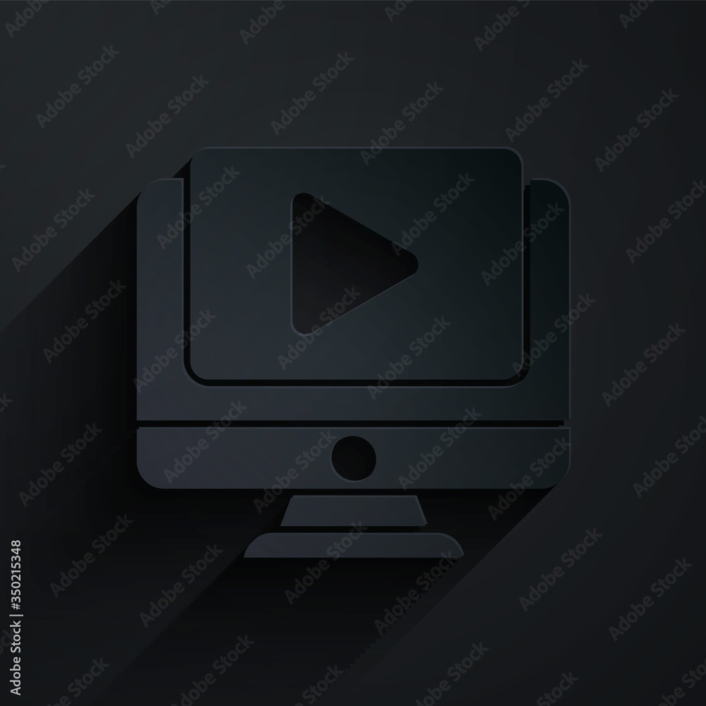 Paper cut Online play video icon isolated on black background. Computer monitor and film strip with 