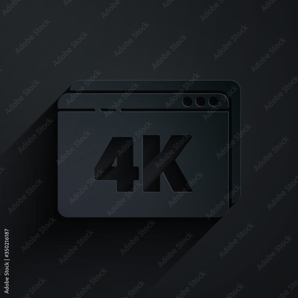 Paper cut Online play video with 4k Ultra HD video technology icon isolated on black background. Fil