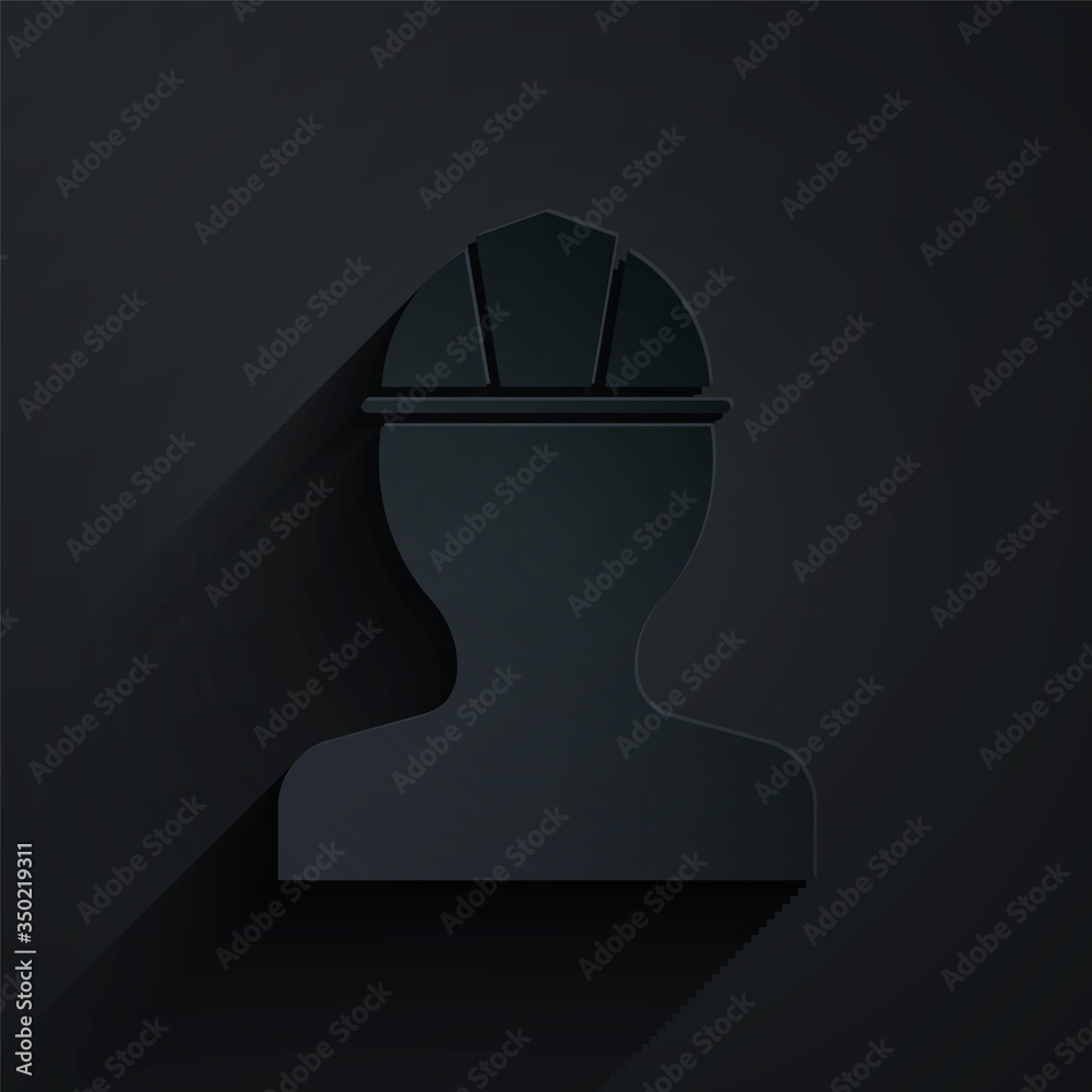 Paper cut Worker safety helmet icon isolated on black background. Paper art style. Vector Illustrati