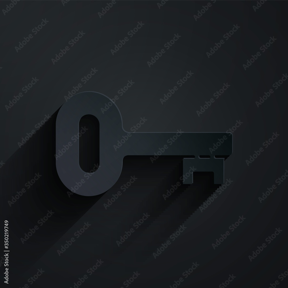 Paper cut Old key icon isolated on black background. Paper art style. Vector Illustration