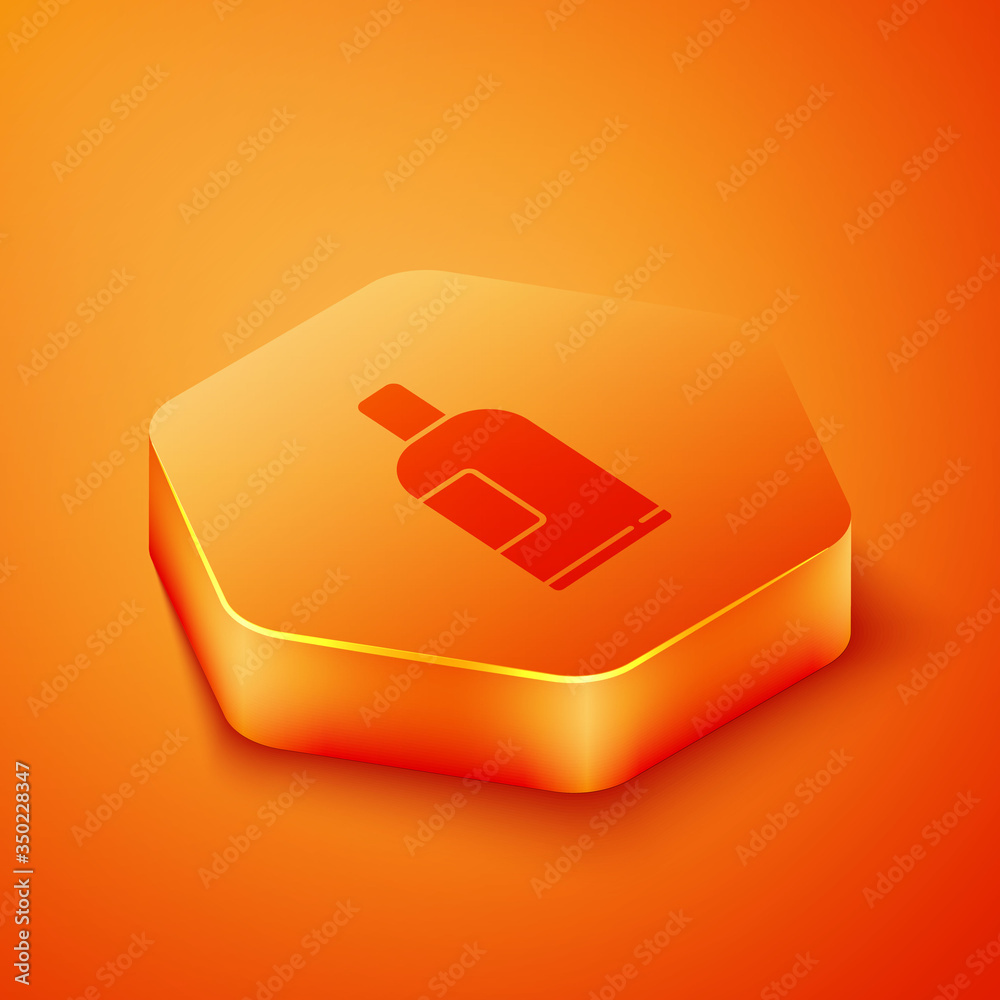 Isometric Bottle of shampoo icon isolated on orange background. Orange hexagon button. Vector Illust