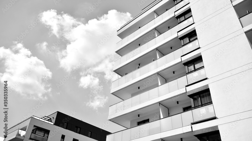 Detail of modern residential flat apartment building exterior. Fragment of new luxury house and home