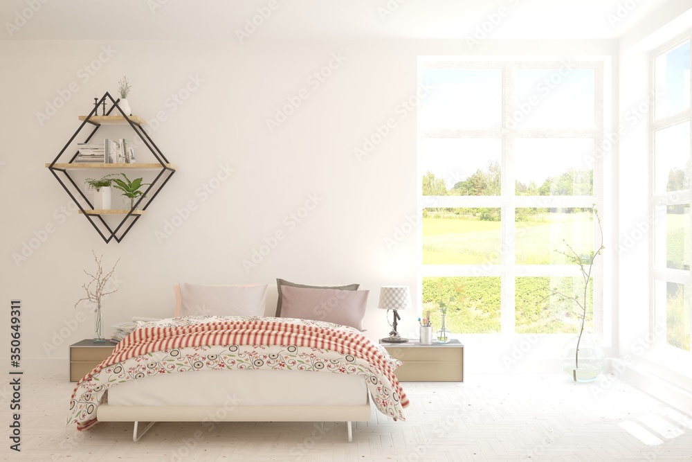 White bedroom interior. Scandinavian design. 3D illustration